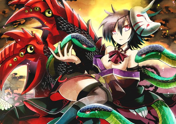 Anime picture 2000x1413 with touhou houjuu nue givuchoko single highres short hair light erotic black hair red eyes cleavage horn (horns) oni horns mask on head girl animal mask snake