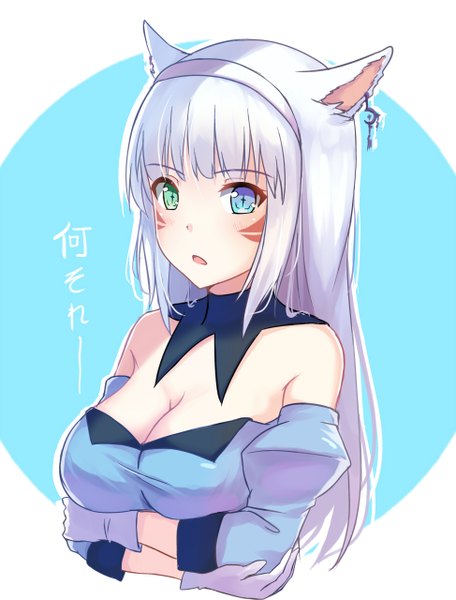 Anime picture 973x1280 with final fantasy final fantasy xiv square enix miqo'te itachi kanade single long hair tall image fringe breasts open mouth blue eyes large breasts green eyes purple hair white hair cat girl heterochromia facial mark girl