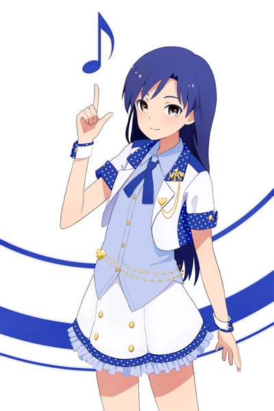 Anime picture 1213x1819 with idolmaster idolmaster shiny festa kisaragi chihaya yahiro (epicopeiidae) single long hair tall image looking at viewer smile white background brown eyes blue hair pointing girl heart wrist cuffs musical note