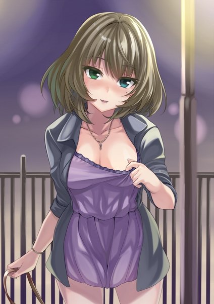 Anime picture 723x1023 with idolmaster idolmaster cinderella girls takagaki kaede maou single tall image looking at viewer blush short hair breasts open mouth light erotic brown hair heterochromia girl dress pendant