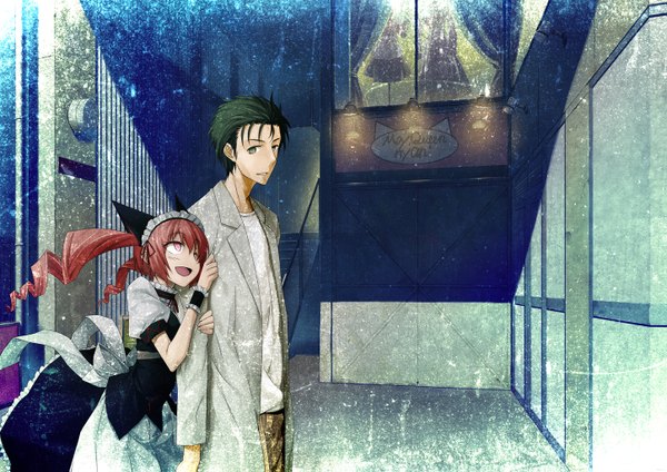 Anime picture 1447x1023 with steins;gate white fox okabe rintarou faris nyannyan 2c=galore long hair short hair open mouth black hair brown eyes animal ears pink hair pink eyes cat ears maid couple drill hair girl boy frills