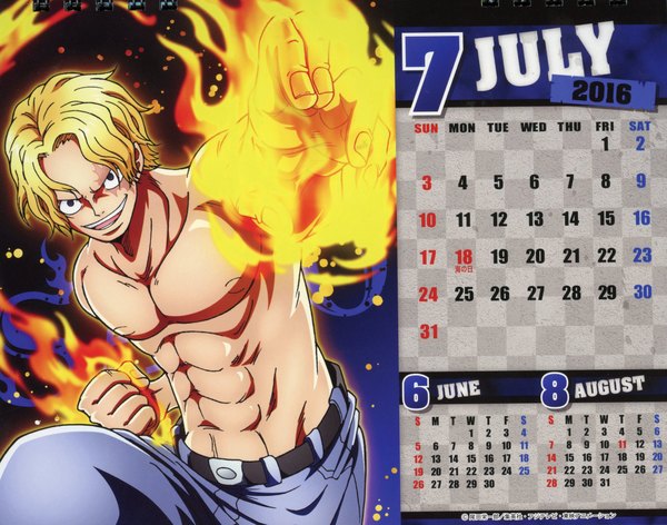 Anime picture 2307x1817 with one piece toei animation one piece body calendar 2016 sabo (one piece) single looking at viewer highres short hair open mouth blonde hair smile black eyes scan character names outstretched arm scar topless muscle fighting stance calendar 2016