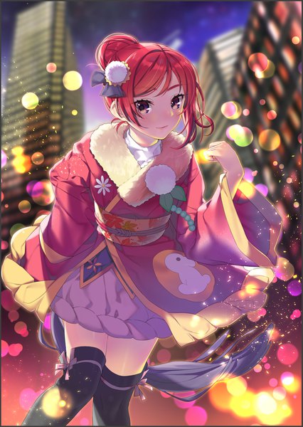 Anime picture 1263x1780 with love live! school idol project sunrise (studio) love live! nishikino maki yana mori single tall image looking at viewer blush short hair purple eyes payot red hair traditional clothes japanese clothes light smile blurry night wide sleeves hair bun (hair buns)