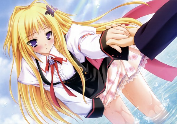 Anime picture 4951x3488 with tayutama lump of sugar kisaragi mifuyu moekibara fumitake long hair blush highres blonde hair purple eyes absurdres sky wet holding hands girl hair ornament water hairclip sea insect butterfly