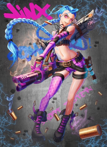 Anime picture 873x1200 with league of legends jinx (league of legends) tako seijin (takos000) single tall image light erotic smile blue hair purple hair braid (braids) very long hair pink eyes multicolored hair two-tone hair bare belly midriff tattoo twin braids grin girl