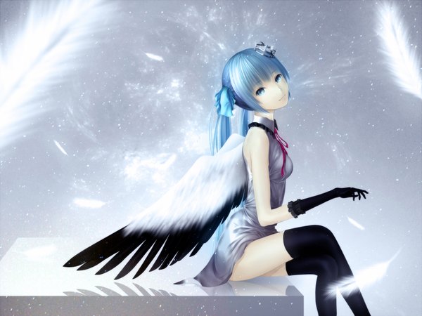 Anime picture 2000x1500 with vocaloid hatsune miku oki (koi0koi) single long hair looking at viewer highres sitting twintails bare shoulders aqua eyes light smile aqua hair crossed legs girl thighhighs gloves hair ornament black thighhighs wings