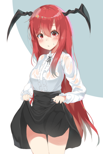 Anime picture 855x1274 with touhou koakuma emushake single long hair tall image blush fringe light erotic smile red eyes standing holding red hair wet clothes black wings head wings wet shirt girl skirt