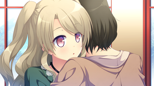 Anime picture 1280x720 with kanojo step serizawa kuon long hair blush blonde hair wide image looking away game cg pink eyes couple hug girl boy