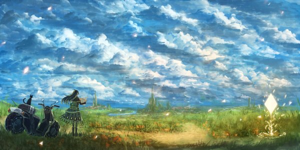 Anime picture 1500x750 with original bounin long hair black hair wide image standing holding sky cloud (clouds) green hair wind from behind city magic landscape river nature lake panorama girl