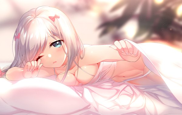 Anime picture 1400x890 with eromanga sensei a-1 pictures izumi sagiri cherry (kjvp4842) single long hair looking at viewer blush fringe breasts blue eyes light erotic silver hair lying parted lips one eye closed sleepy waking up girl navel