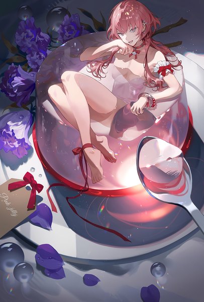 Anime picture 1015x1500 with original fajyobore single long hair tall image looking at viewer fringe blue eyes light erotic pink hair full body bent knee (knees) barefoot from above piercing ear piercing :p transparent hair over eyes minigirl