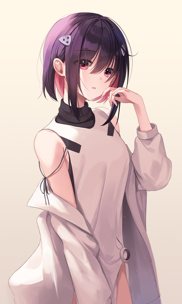 Anime picture 3000x5000 with original myowa single tall image looking at viewer fringe highres short hair open mouth simple background hair between eyes standing bare shoulders purple hair long sleeves pink eyes multicolored hair arm up off shoulder two-tone hair