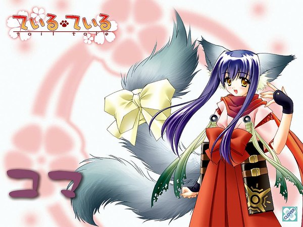 Anime picture 1024x768 with tail tale koma (tail tale) animal ears yellow eyes tail japanese clothes cat girl girl