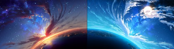 Anime picture 1500x428 with original mocha (cotton) wide image sky cloud (clouds) evening sunset no people landscape scenic twilight sea moon star (stars) full moon planet earth