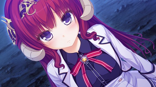 Anime picture 1920x1080 with world election whirlpool (studio) sophia usty single long hair looking at viewer blush highres blue eyes wide image game cg red hair horn (horns) girl uniform school uniform headband