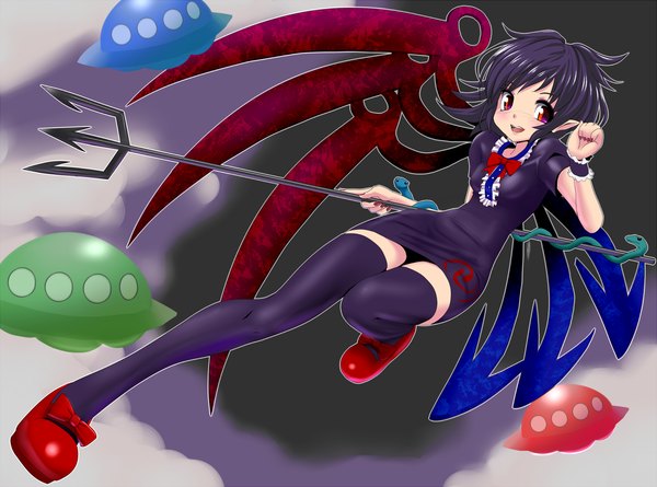 Anime picture 1500x1113 with touhou houjuu nue ishikkoro short hair black hair red eyes nail polish girl thighhighs black thighhighs wings bowtie trident spacecraft ufo flying saucer