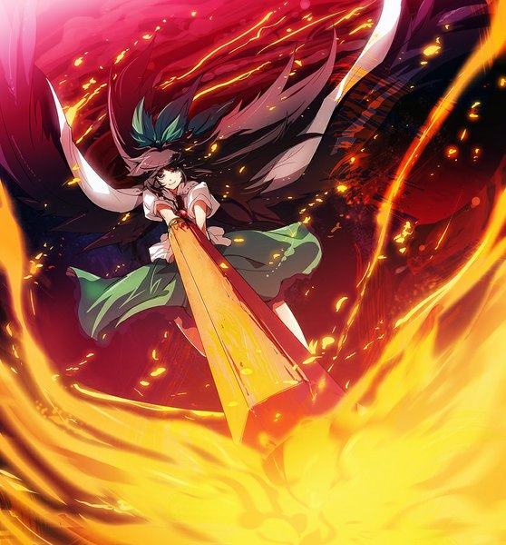 Anime picture 863x929 with touhou reiuji utsuho tokiame single tall image looking at viewer smile brown hair brown eyes very long hair arm cannon girl bow weapon hair bow gun fire