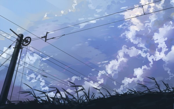 Anime picture 1200x754 with original huanxiang huifeng sky cloud (clouds) no people landscape plant (plants) grass power lines