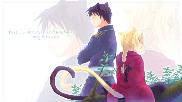 Anime picture 1920x1080 with fullmetal alchemist studio bones edward elric roy mustang soukuu kizuna long hair highres short hair blonde hair smile wide image animal ears yellow eyes eyes closed animal tail from behind single braid crossed arms zoom layer boy