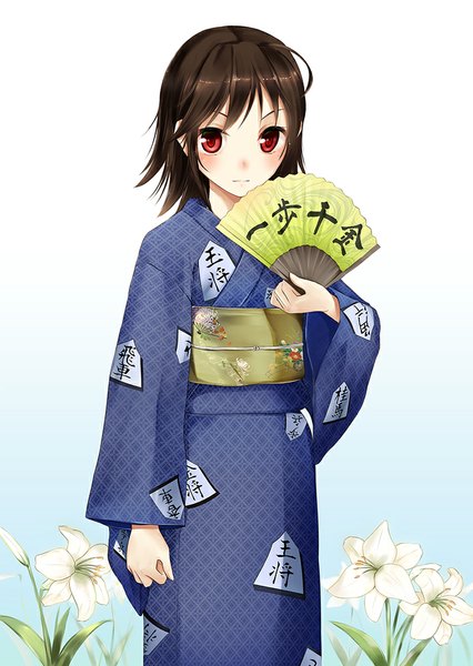 Anime picture 724x1020 with original shino miduki single tall image looking at viewer blush short hair black hair red eyes white background traditional clothes japanese clothes girl flower (flowers) kimono fan