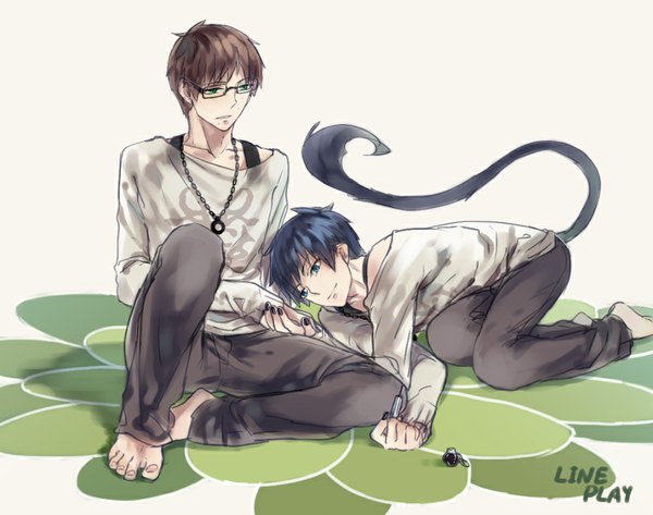 Anime picture 1000x789 with ao no exorcist a-1 pictures okumura rin okumura yukio short hair open mouth blue eyes smile brown hair sitting green eyes blue hair tail animal tail barefoot multiple boys looking down boy glasses 2 boys
