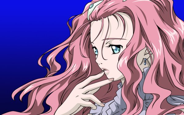 Anime picture 1920x1200 with simoun neviril negativezero single long hair highres wide image signed looking away pink hair nail polish aqua eyes finger to mouth blue background girl earrings