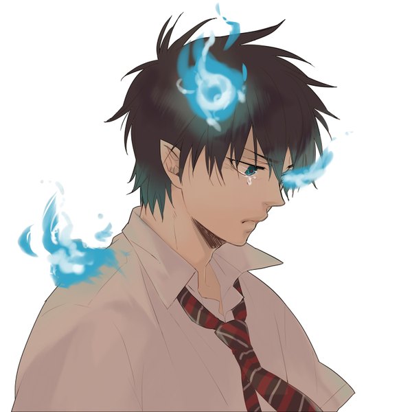 Anime picture 1500x1500 with ao no exorcist a-1 pictures okumura rin sotoko (artist) amanboy single short hair black hair simple background white background aqua eyes pointy ears tears glowing glowing eye (eyes) open collar boy shirt necktie teardrop