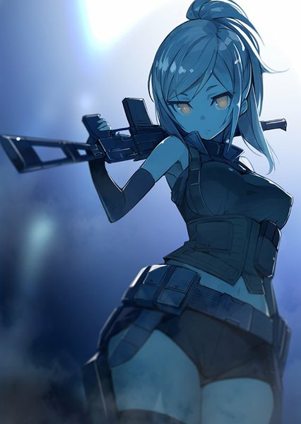 Anime picture 568x800 with battlefield 4 original minono aki single long hair tall image looking at viewer fringe breasts light erotic large breasts standing holding yellow eyes payot silver hair ass ponytail blurry bare belly