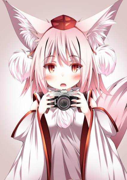 Anime picture 700x988 with touhou inubashiri momiji daidai ookami single long hair tall image looking at viewer blush fringe open mouth simple background red eyes animal ears pink hair upper body tail animal tail grey background wolf ears wolf tail