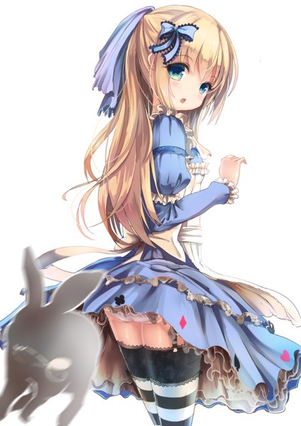 Anime picture 1447x2047 with alice in wonderland alice (wonderland) missle228 single long hair tall image looking at viewer blush open mouth blue eyes light erotic blonde hair white background pantyshot girl thighhighs dress underwear panties striped thighhighs