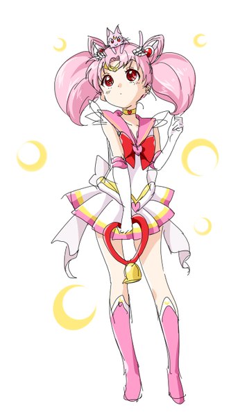 Anime picture 906x1514 with bishoujo senshi sailor moon toei animation chibiusa sailor chibi moon diana namori single tall image short hair simple background smile red eyes standing white background twintails full body looking down looking up crescent girl