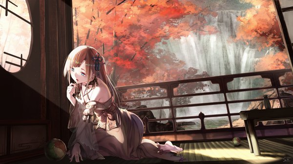 Anime picture 1920x1080 with original saraki single long hair fringe highres breasts open mouth blue eyes brown hair wide image bare shoulders signed looking away cleavage full body parted lips barefoot sunlight autumn