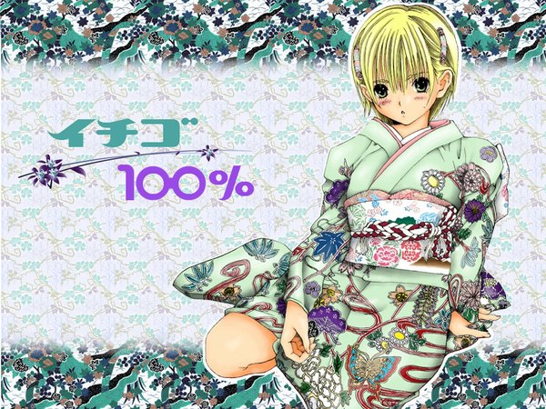 Anime picture 1024x768 with ichigo 100 nishino tsukasa blush short hair open mouth blonde hair sitting green eyes japanese clothes wallpaper hair ornament kimono hairclip