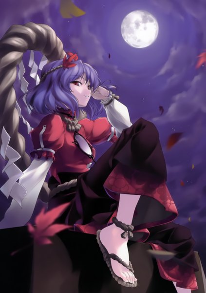 Anime picture 2367x3354 with touhou yasaka kanako rokuwata tomoe single tall image highres short hair smile red eyes sitting purple hair night sky girl leaf (leaves) full moon rope