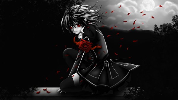 Anime picture 1366x768 with vampire knight studio deen cross yuki single short hair black hair red eyes wide image wind night sky monochrome spot color girl thighhighs petals