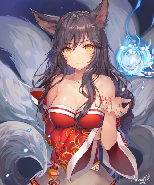 Anime picture 700x840 with league of legends ahri (league of legends) momoko (momopoco) single long hair tall image looking at viewer blush fringe breasts light erotic black hair large breasts bare shoulders signed animal ears yellow eyes payot cleavage upper body