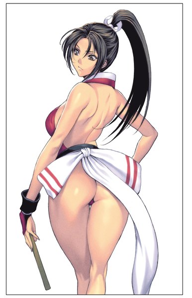 Anime picture 1000x1552 with the king of fighters snk shiranui mai homare (fool's art) single long hair tall image light erotic black hair standing white background brown eyes ass ponytail traditional clothes japanese clothes from behind hand on hip thigh gap bare back