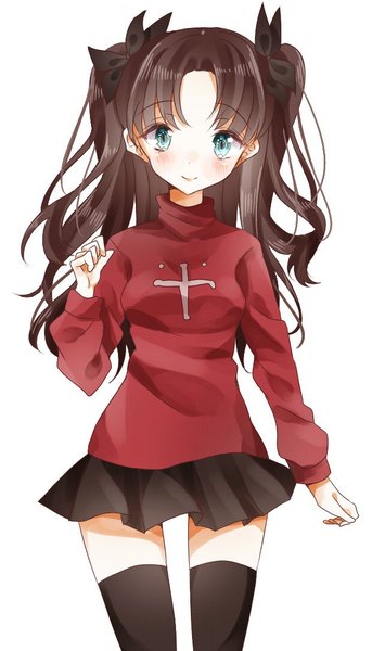 Anime picture 642x1084 with fate (series) fate/stay night toosaka rin chima (fusigiko) single long hair tall image looking at viewer blush fringe simple background smile brown hair standing white background twintails long sleeves head tilt aqua eyes zettai ryouiki