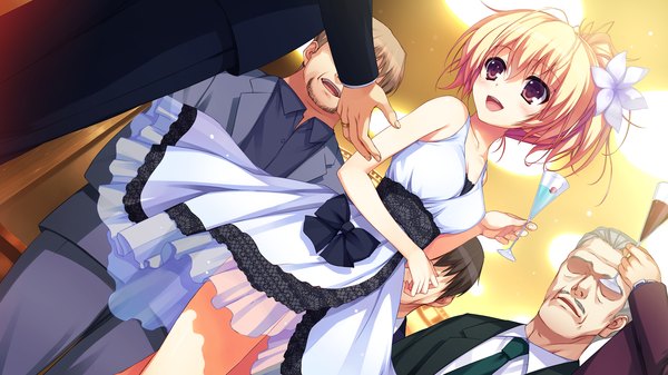 Anime picture 2560x1440 with reminiscence nozomi (reminiscence) tomose shunsaku blush highres short hair open mouth blonde hair red eyes wide image game cg hair flower girl dress boy hair ornament bow