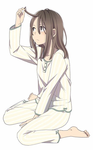 Anime picture 550x882 with original mattaku mousuke single long hair tall image simple background brown hair white background sitting brown eyes barefoot wariza looking up girl pajamas