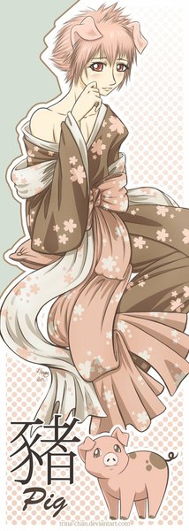 Anime picture 400x1120 with original trina-chan (artist) single tall image looking at viewer blush short hair sitting bare shoulders animal ears pink hair traditional clothes japanese clothes pink eyes light smile floral print polka dot polka dot background hand on cheek personification