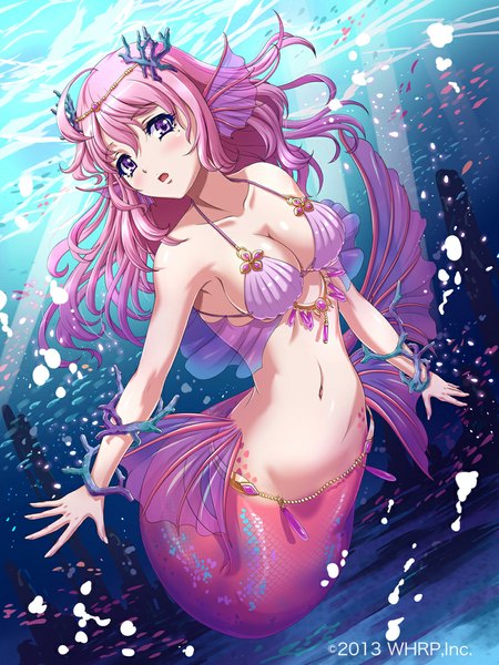 Anime picture 800x1067 with original chaki-yam single long hair tall image blush fringe breasts open mouth light erotic purple eyes pink hair ahoge fingernails sunlight mole bare belly midriff mole under eye groin