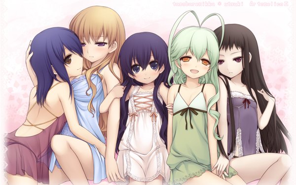 Anime picture 1600x1000 with ar tonelico ar tonelico ii gust (company) jacqli chroche latel pastalie luca truelywaath frelia cocona vatel utsugi (skydream) long hair blush fringe open mouth blue eyes light erotic black hair simple background blonde hair smile hair between eyes