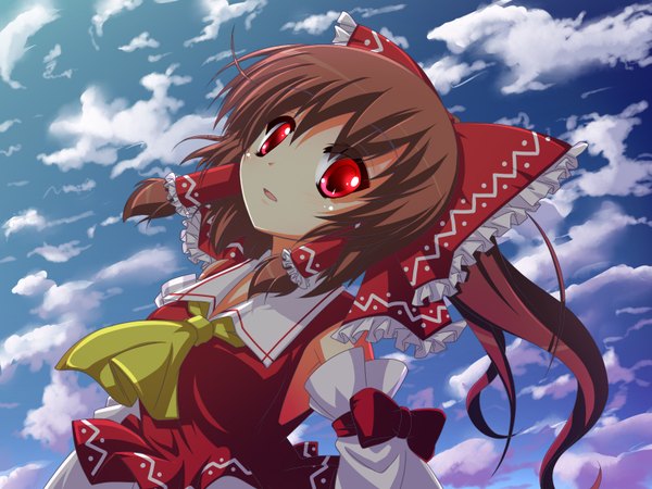 Anime picture 1600x1200 with touhou hakurei reimu shefu single long hair red eyes brown hair sky cloud (clouds) miko girl bow hair bow detached sleeves