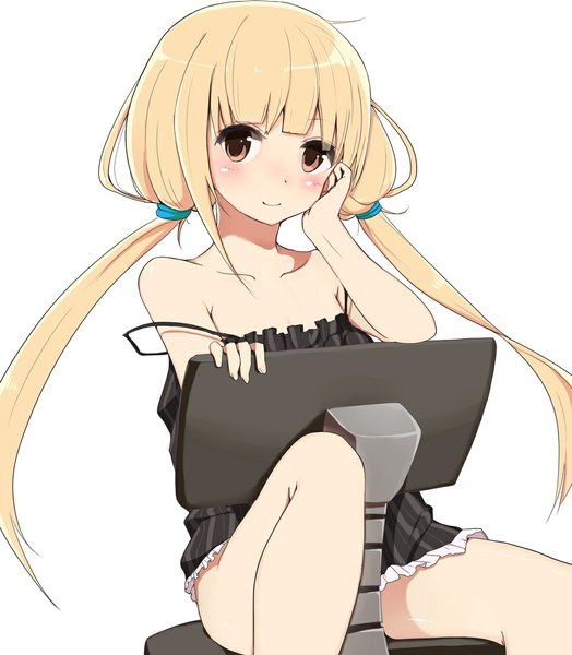 Anime picture 1031x1181 with idolmaster idolmaster cinderella girls futaba anzu ratsuku kinoko single long hair tall image looking at viewer blush simple background blonde hair white background sitting twintails brown eyes payot bent knee (knees) light smile floating hair low twintails