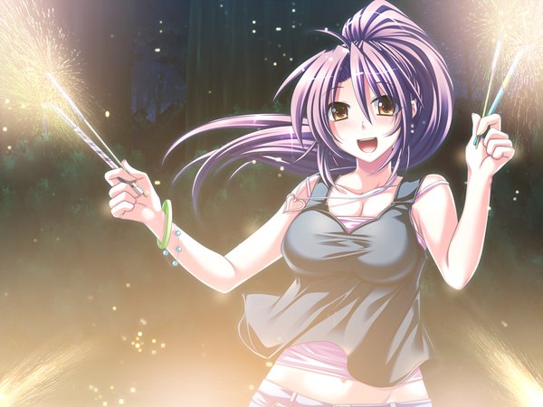 Anime picture 1024x768 with shin arijigoku long hair open mouth brown eyes game cg purple hair ponytail girl bracelet
