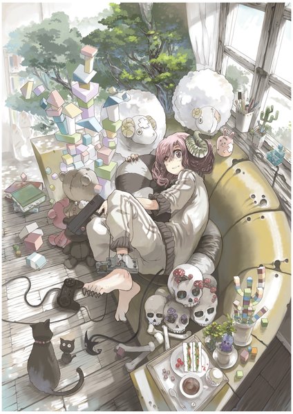 Anime picture 2893x4092 with original imoman (artist) single tall image fringe highres short hair pink hair tail pink eyes horn (horns) hair over one eye girl food sweets pillow gun cat toy stuffed animal