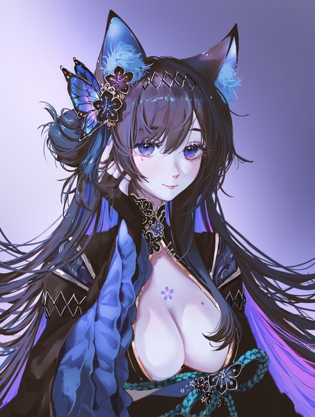 Anime picture 4600x6095 with original nixeu single long hair tall image looking at viewer fringe highres breasts light erotic black hair smile hair between eyes large breasts purple eyes animal ears absurdres cleavage upper body nail polish
