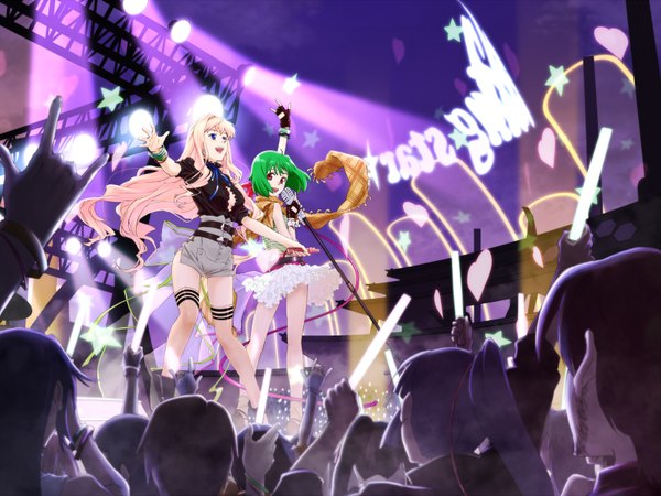 Anime picture 1600x1200 with macross macross frontier sheryl nome ranka lee saotome alto pandaun (artist) long hair short hair open mouth blue eyes blonde hair red eyes multiple girls green hair glowing singing girl gloves 2 girls fingerless gloves