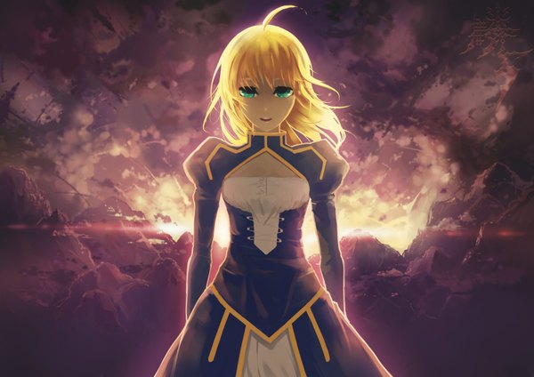 Anime picture 1500x1061 with fate (series) fate/stay night fate/zero studio deen type-moon artoria pendragon (all) saber single looking at viewer fringe short hair open mouth blonde hair standing wind light dark background smoke girl dress